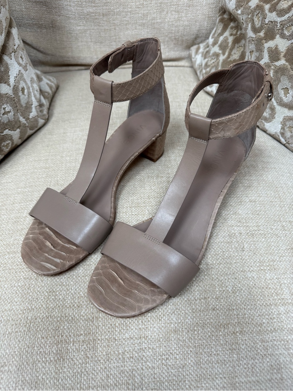 Vince | T-Strap Block Heel | Smooth and Snake Leather | Taupe | 9.5